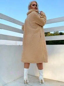 Eilly Bazar Single Button Teddy Coat - Khaki - View 2