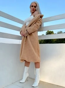 Eilly Bazar Single Button Teddy Coat - Khaki - View 5