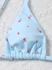 SHEIN Swim Summer Beach Ditsy Floral Bikini Set Triangle Bra & High Cut Bottom & Beach Skirt 3 Piece Bathing Suit - Blue - View 3