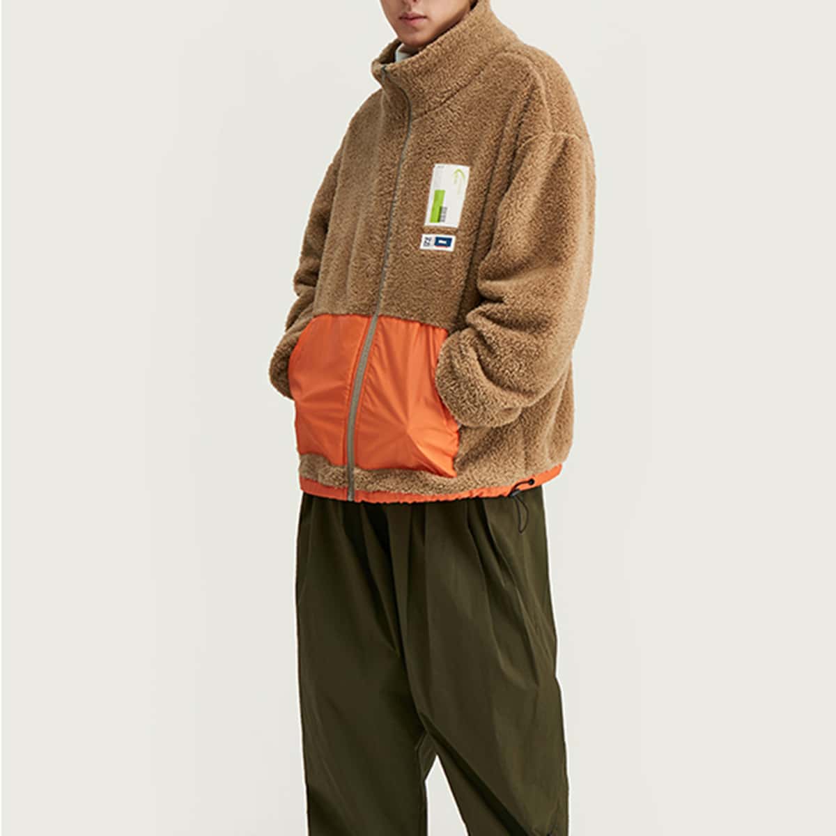 

Guys Drop Shoulder Color Block Teddy Jacket, Camel
