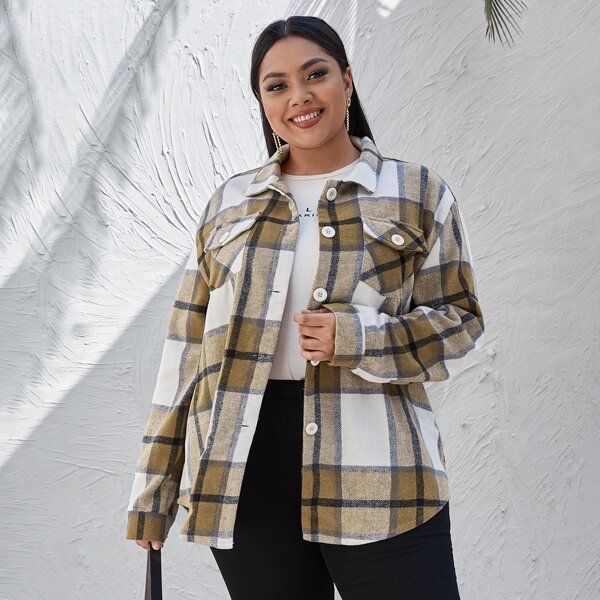 

Plus Button Front Flap Pocket Plaid Coat, Multicolor