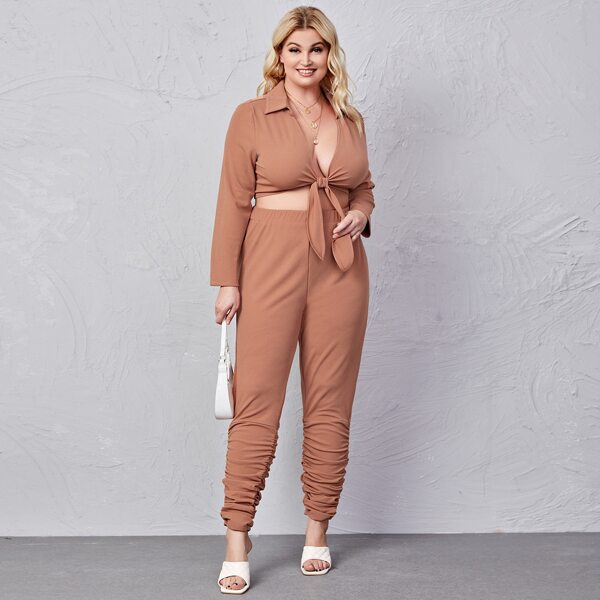

Plus Plunging Tie Front Top With Ruched Hem Pants, Apricot