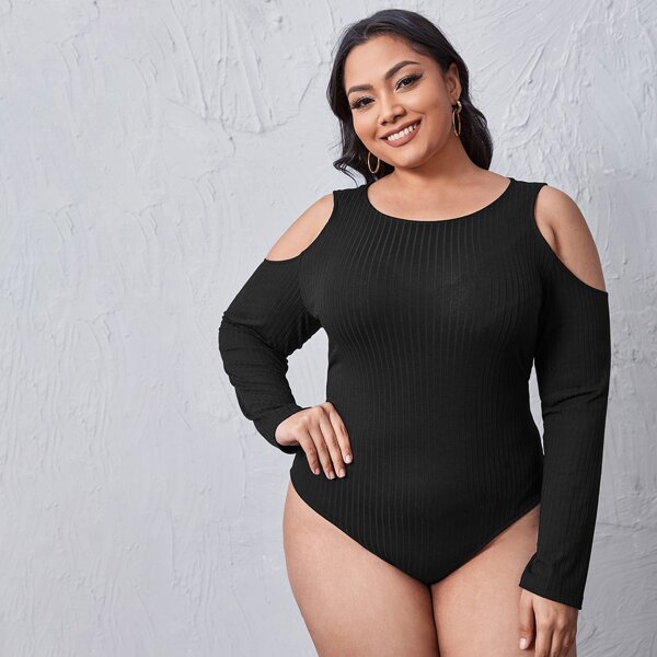 

Plus Cold Shoulder Rib-knit Skinny Bodysuit, Black