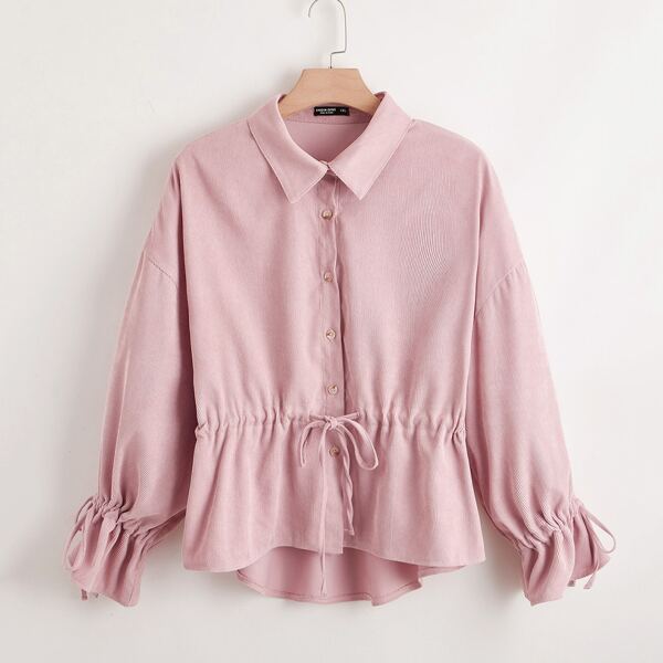

Plus Corduroy Flounce Sleeve Drawstring Peplum Jacket, Baby pink
