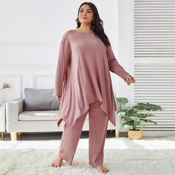 

Plus Asymmetric Hem Solid PJ Set, Dusty pink