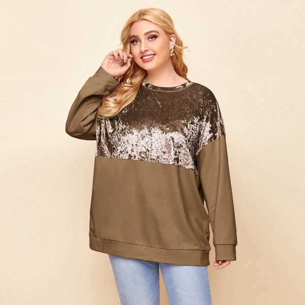 

Plus Contrast Velvet Drop Shoulder Sweatshirt, Coffee brown