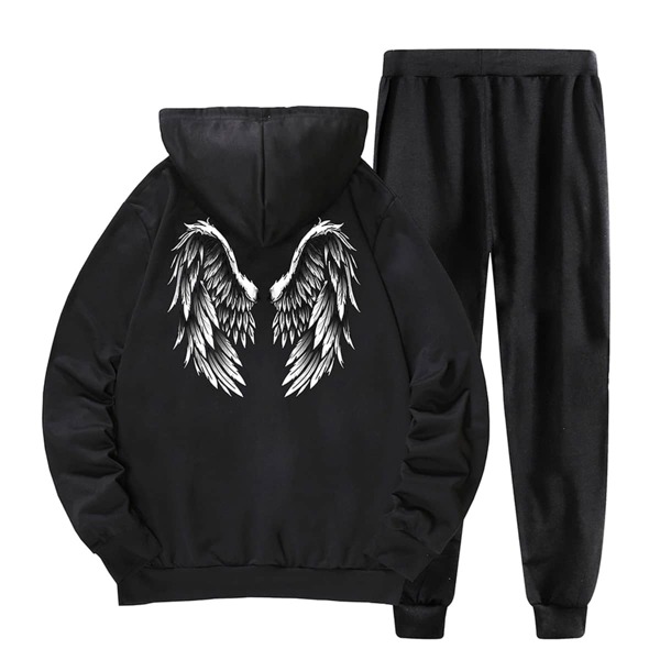 

Men Wings Print Kangaroo Pocket Hoodie & Sweatpants, Black