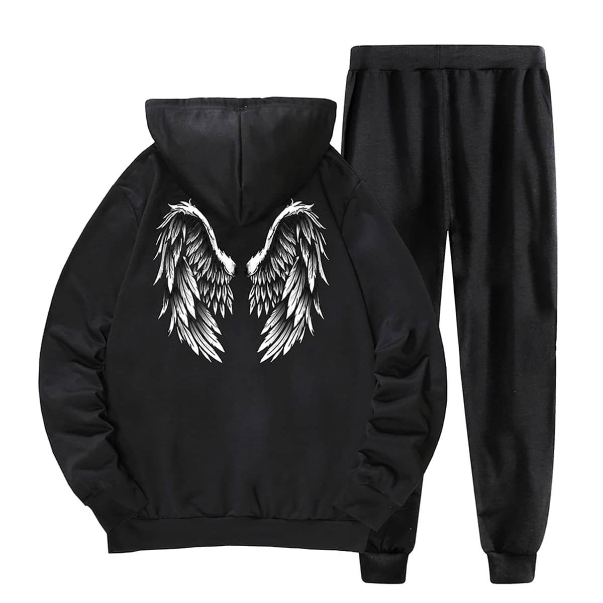 

Guys Wings Print Kangaroo Pocket Hoodie & Sweatpants, Black