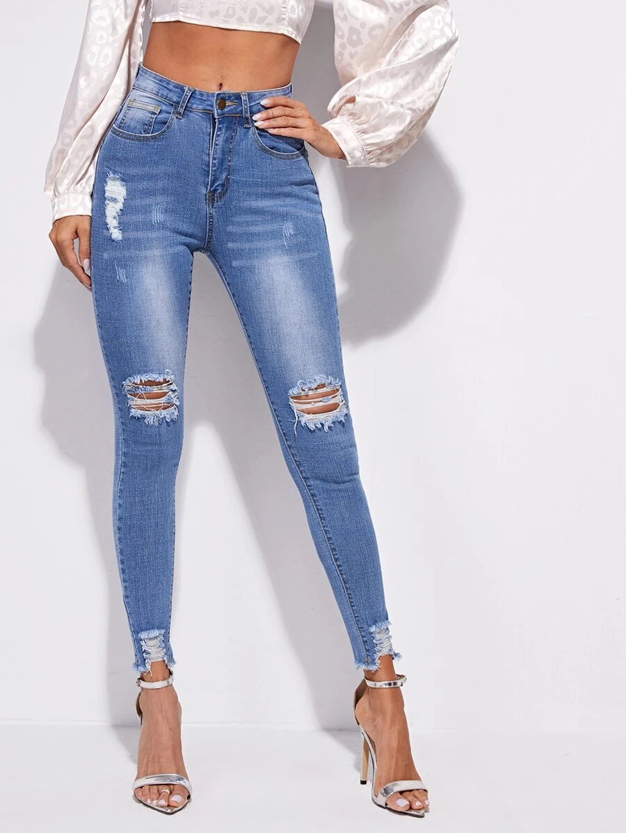 High Stretch Raw Hem Ripped Skinny Jeans - Light Wash - View 1