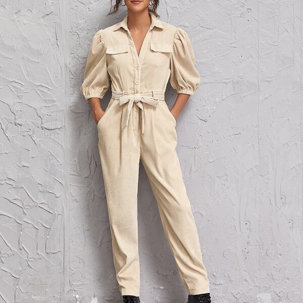 

Puff Sleeve Button Placket Front Belted Cord Jumpsuit, Apricot