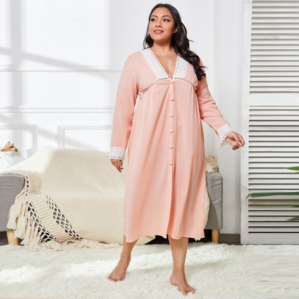 

Plus Contrast Lace Scallop Button Front Chiffon Night Dress, Coral pink