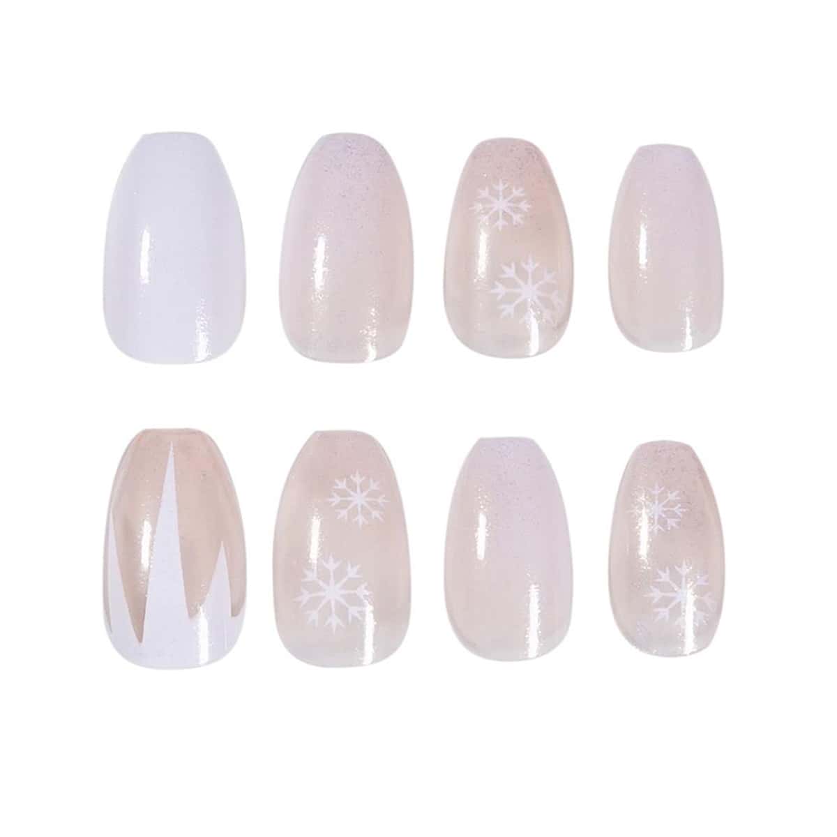

24pcs Glitter Snowflake Fake Nail & 1sheet Tape, White