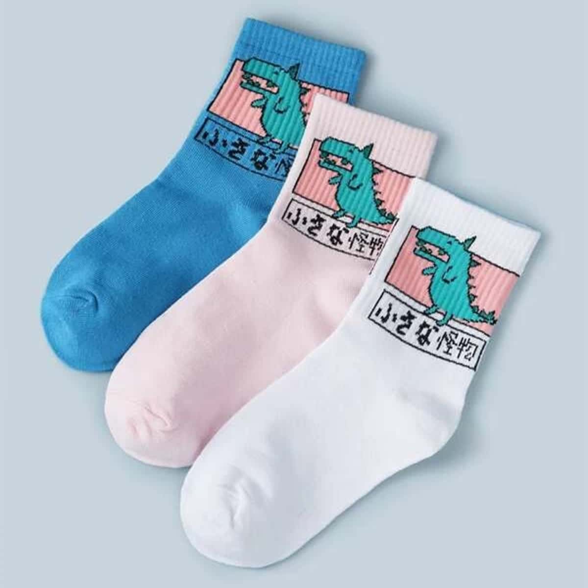 

3pairs Cartoon Dinosaur Print Socks, Multicolor