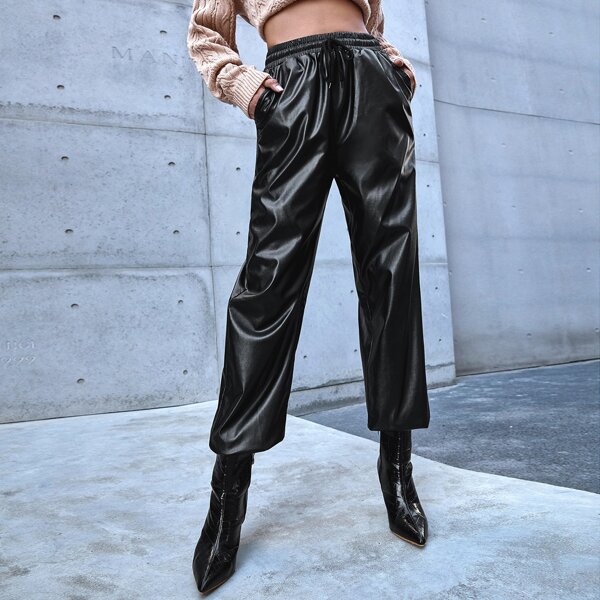 

PU Leather Drawstring Waist Carrot Pants, Black