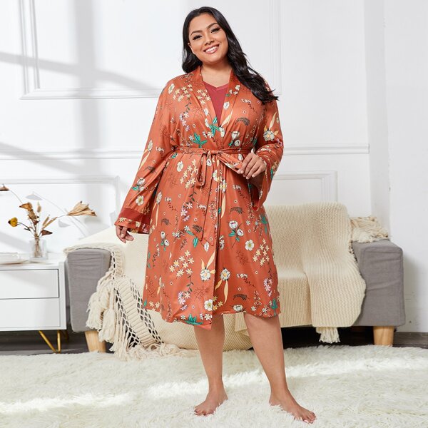 

Plus 2pcs Floral Print Belted Robe & Tank Nightdress, Burnt orange