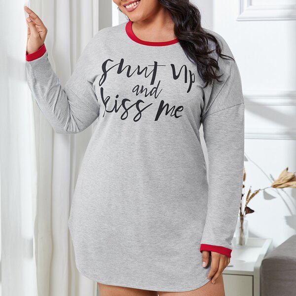 

Plus Contrast Binding Slogan Graphic Nightdress, Grey