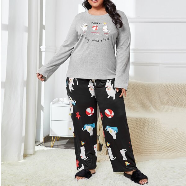 

Plus Slogan & Cartoon Graphic PJ Set, Multicolor