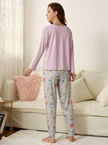 Letter & Cartoon Graphic PJ Set - Multicolor - View 2