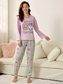 Letter & Cartoon Graphic PJ Set - Multicolor - View 3