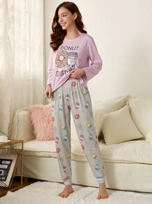 Letter & Cartoon Graphic PJ Set - Multicolor - View 4