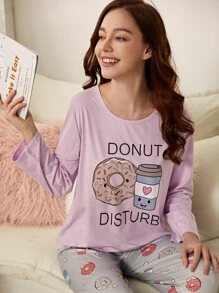 Letter & Cartoon Graphic PJ Set - Multicolor - View 6