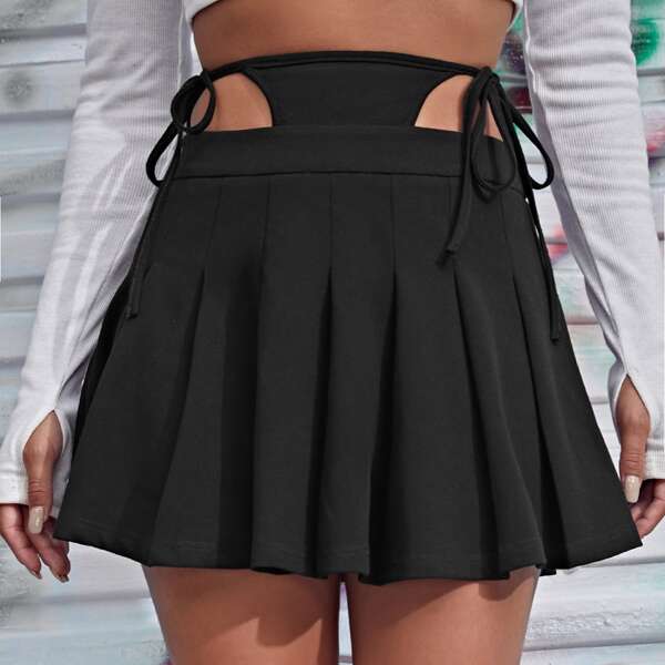 

Cutout Tie Waist Pleated Skirt, Black