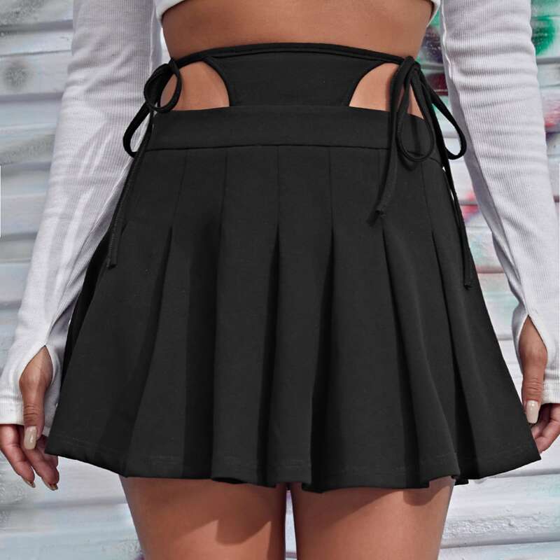 

Cutout Tie Waist Pleated Skirt, Black