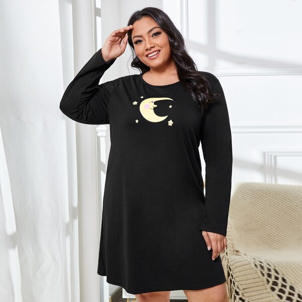 

Plus Moon Print Night Dress, Black