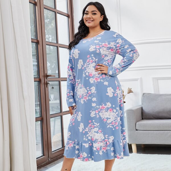 

Plus Allover Floral Ruffle Hem Night Dress, Blue