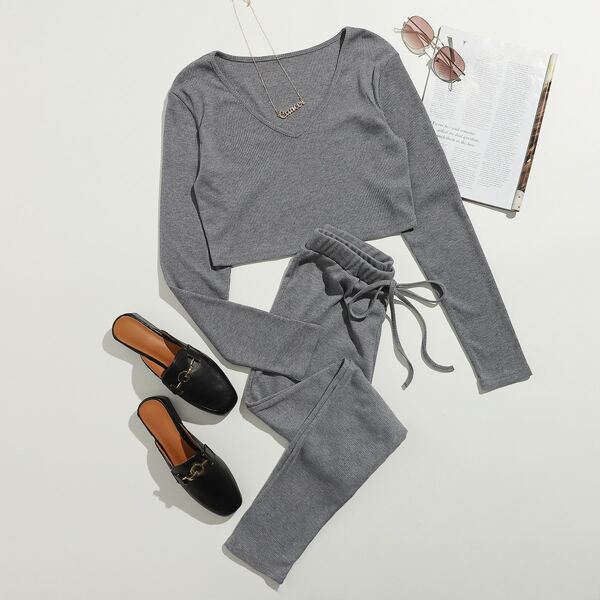 

Rib-knit Crop Top & Drawstring Waist Pants Set, Grey