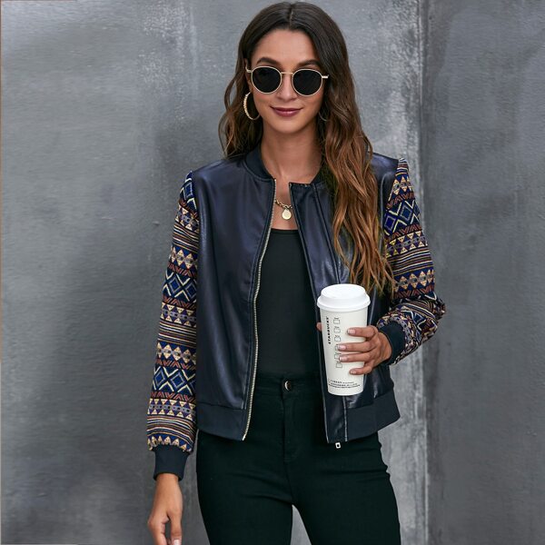 

Geo Pattern Spliced PU Bomber Jacket, Navy blue