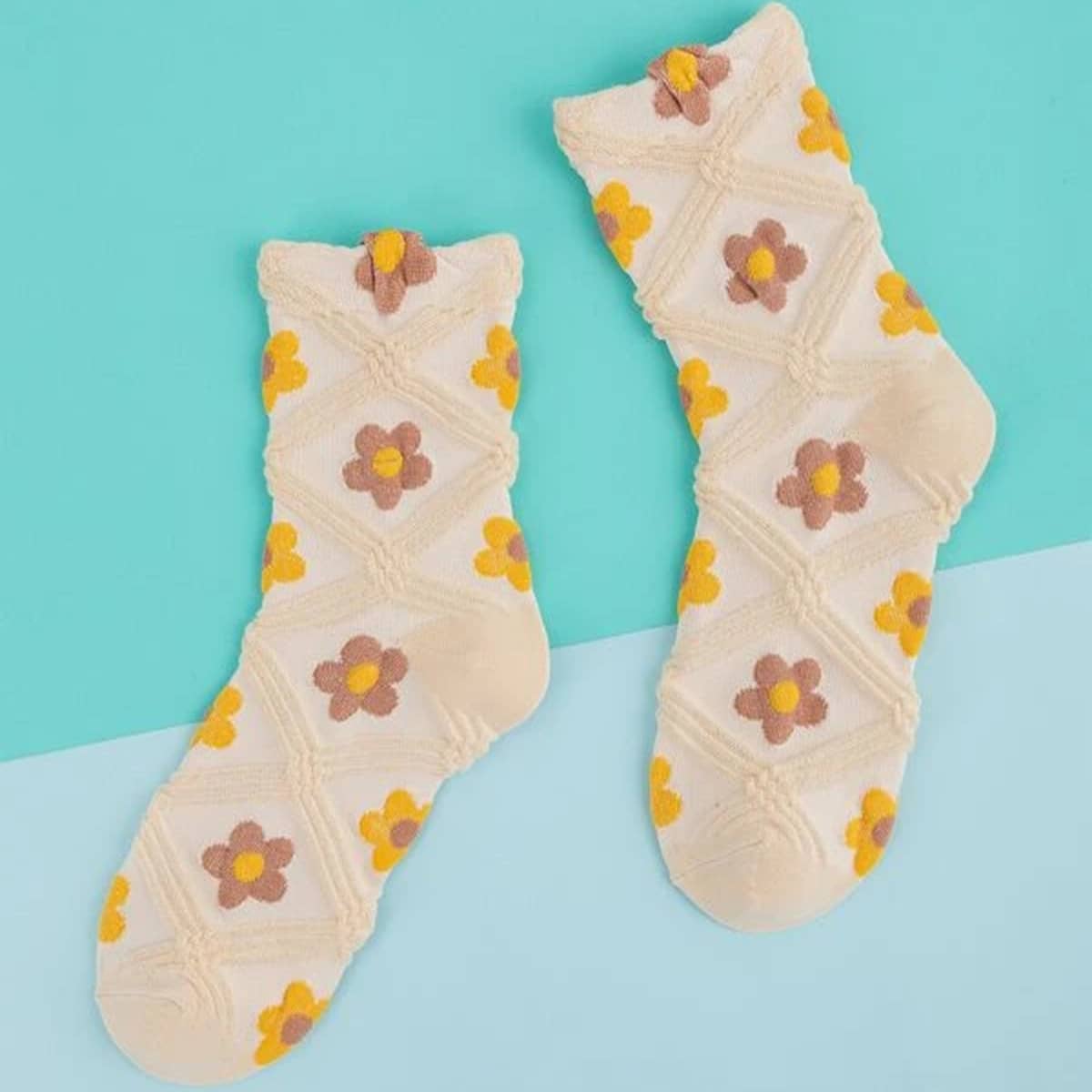 1pair Floral Crew Socks, Beige