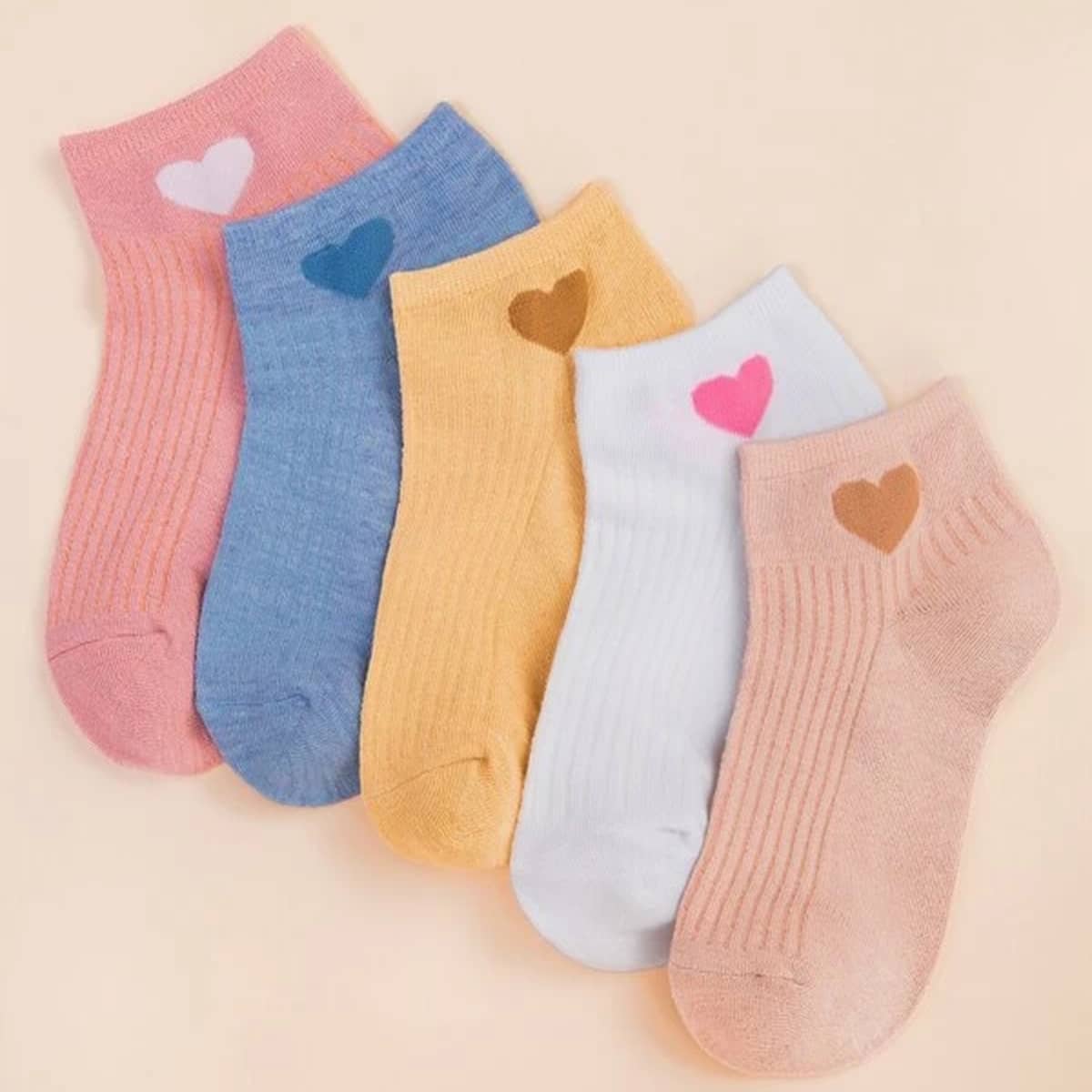 

5pairs Heart Print Ankle Socks, Multicolor