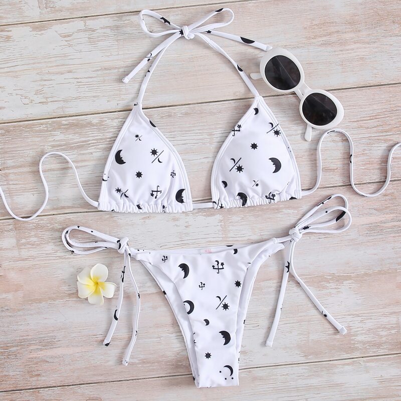 

Sun & Moon Print Tie Side Bikini Swimsuit, White