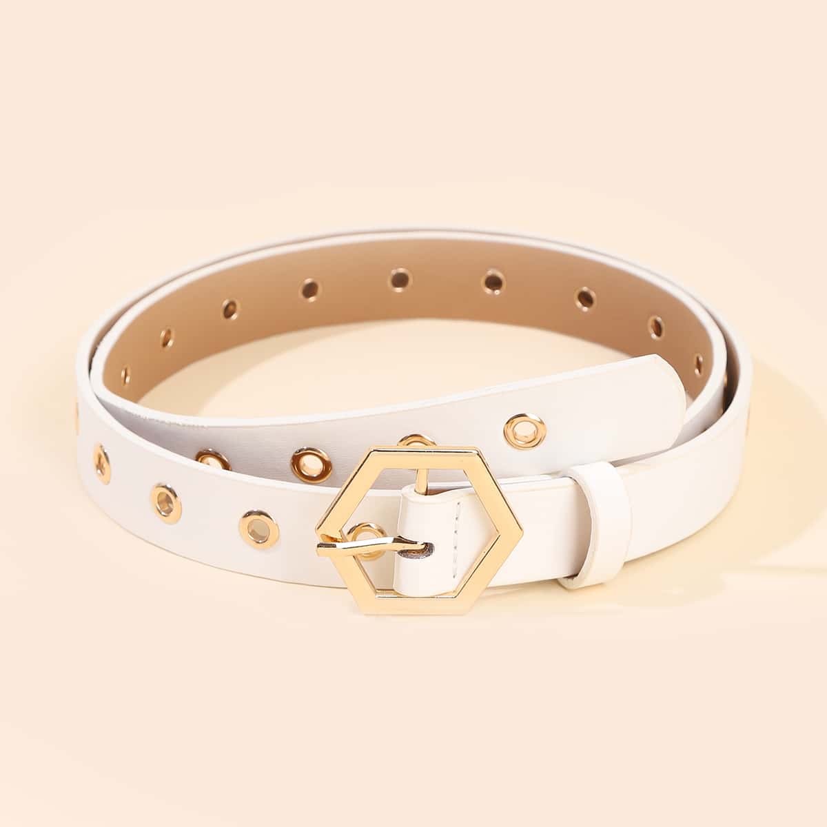 

Eyelet Decor Hexagon Buckle Belt, White