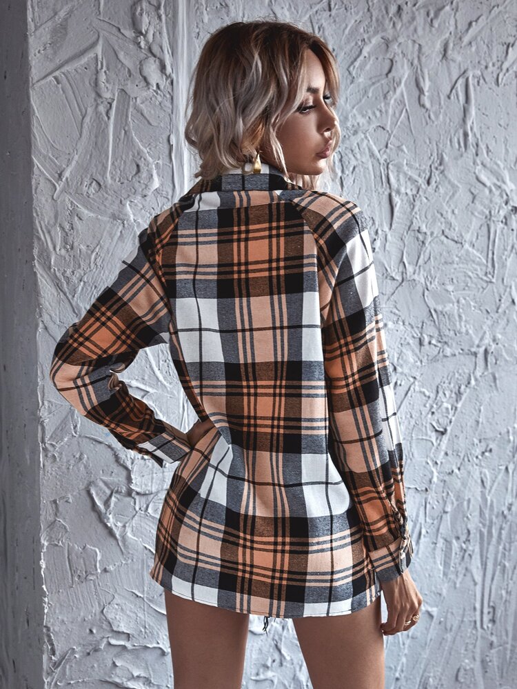 Tartan Plaid Button Up Longline Shirt,Long Sleeve Tops Fall Cloth For Women
