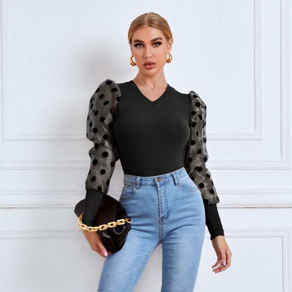 

Polka-dot Mesh Gigot Sleeve Top, Black