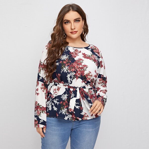 

Plus Drop Shoulder Floral Print Colorblock Belted Top, Multicolor