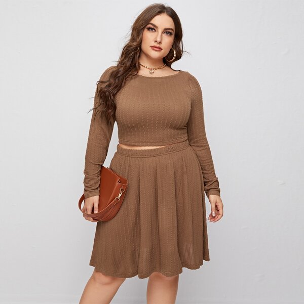 

Plus Cable Knit Top & Skirt Set, Mocha brown