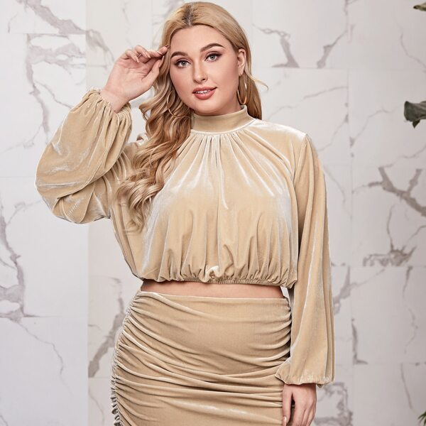 

Plus Lantern Sleeve Velvet Top & Ruched Skirt Set, Apricot