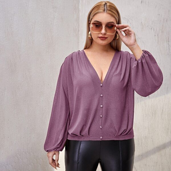 

Button Front Lantern Sleeve Top, Mauve purple
