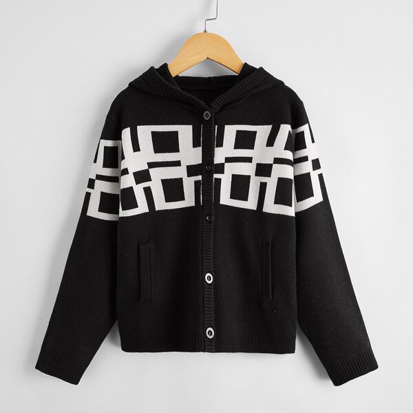 

Boys Buttoned Front Graphic Pattern Hooded Cardigan, Black