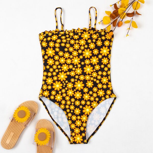 

Floral Frill Trim One Piece Swimsuit, Yellow