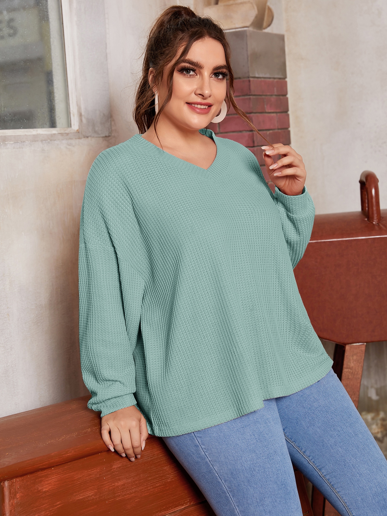 Plus Solid Drop Shoulder Waffle Knit Tee thumbnail