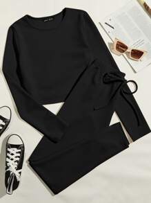 SHEIN EZwear 羅紋針織素色上衣和繫帶腰緊身褲套裝 - 黑色 - 查看 1