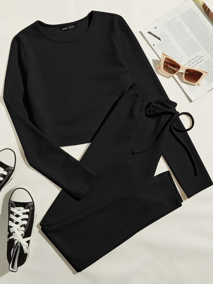 SHEIN EZwear 羅紋針織素色上衣和繫帶腰緊身褲套裝 - 黑色 - 查看 1