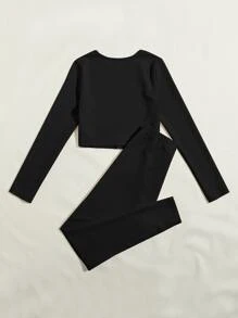 SHEIN EZwear 羅紋針織素色上衣和繫帶腰緊身褲套裝 - 黑色 - 查看 2