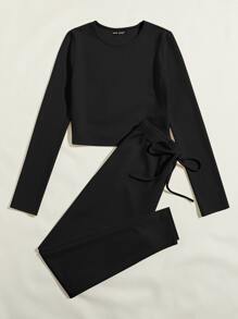 SHEIN EZwear 羅紋針織素色上衣和繫帶腰緊身褲套裝 - 黑色 - 查看 3