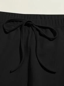 SHEIN EZwear 羅紋針織素色上衣和繫帶腰緊身褲套裝 - 黑色 - 查看 4