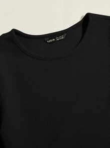 SHEIN EZwear 羅紋針織素色上衣和繫帶腰緊身褲套裝 - 黑色 - 查看 5